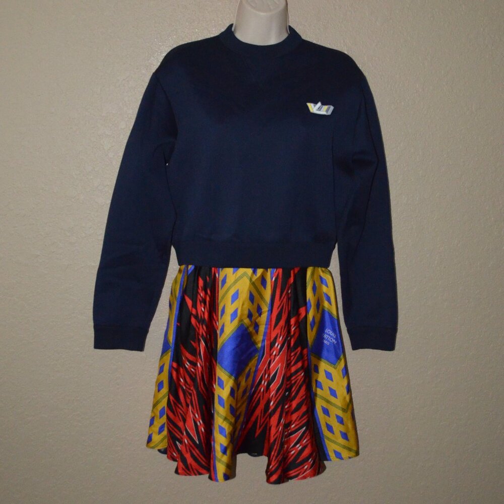 NWT $2520 Sz XS Louis Vuitton Navy Sweatshirt Silk Print Skirt Dress